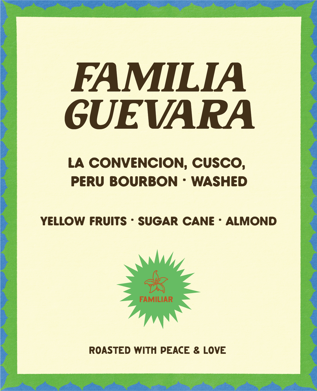 Familia Guevara coffee label from Color Magic, La Convencion Cusco Peru, Bourbon washed, yellow fruits sugar cane and almond, Familiar badge