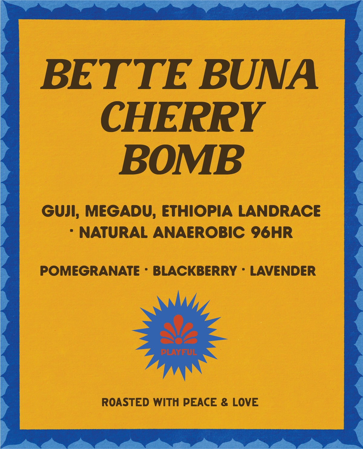 Bette Buna Cherry Bomb coffee label from Color Magic, Guji Ethiopia landrace, natural anaerobic 96 hour, pomegranate blackberry and lavender, Playful badge