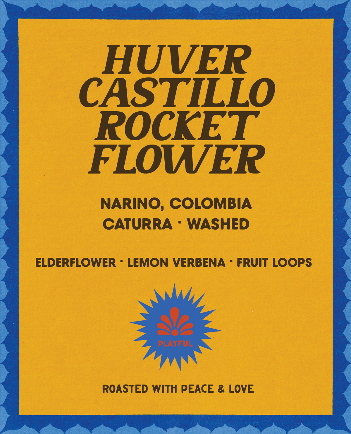 Huver Castillo Rocket Flower coffee label from Color Magic, Narino Colombia, Caturra washed, elderflower lemon verbena and fruit loops, Playful badge