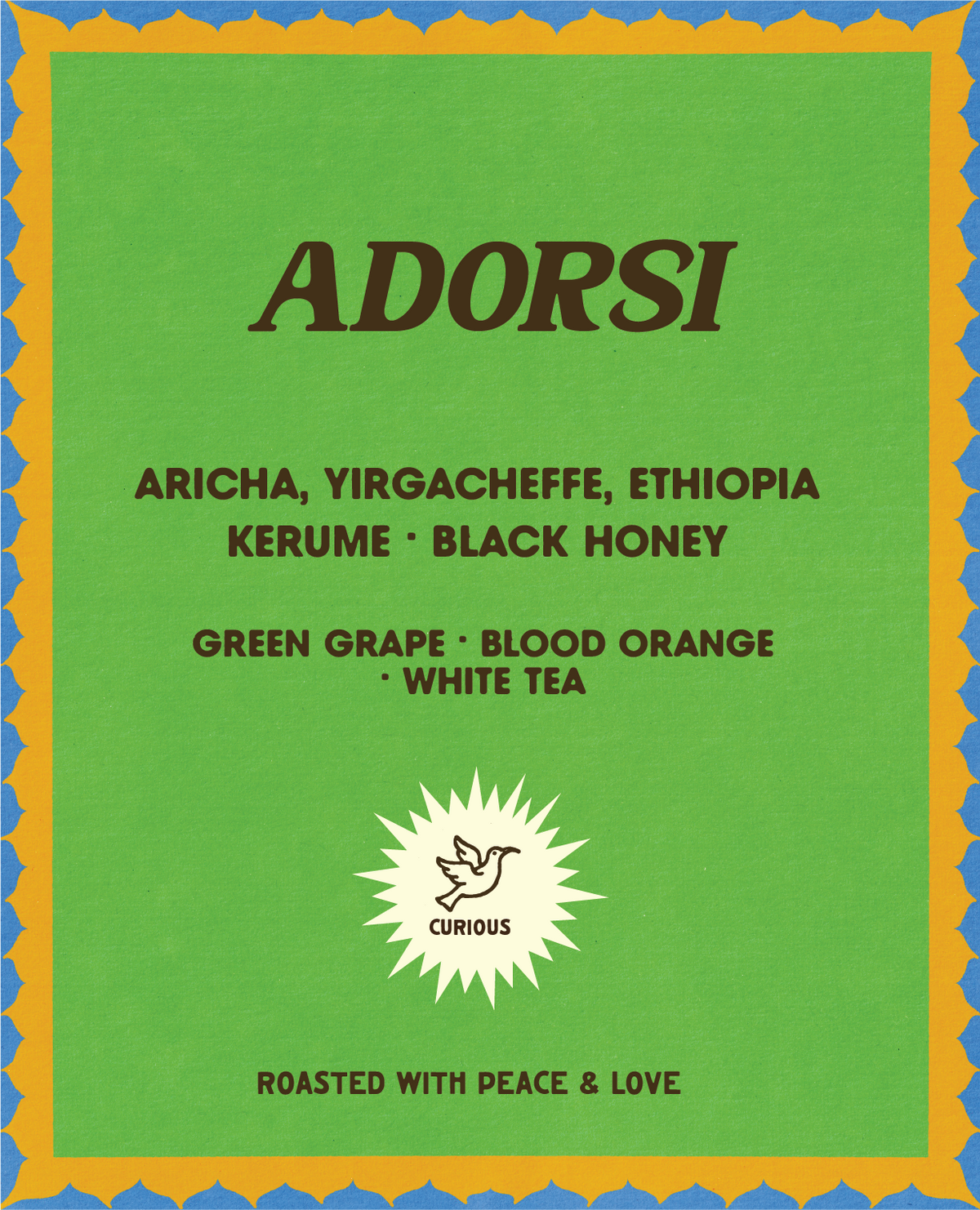 Adorsi Black Honey coffee label from Color Magic, Aricha Yirgacheffe Ethiopia, heirloom black honey, green grape blood orange and white tea, Curious badge