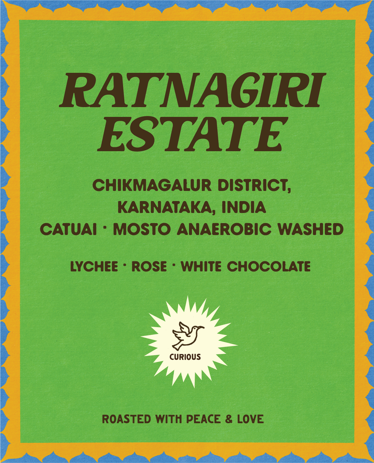 Ratnagiri Estate coffee label from Color Magic, Chikmagalur District Karnataka India, Catuai mosto anaerobic washed, lychee rose and white chocolate, Curious badge