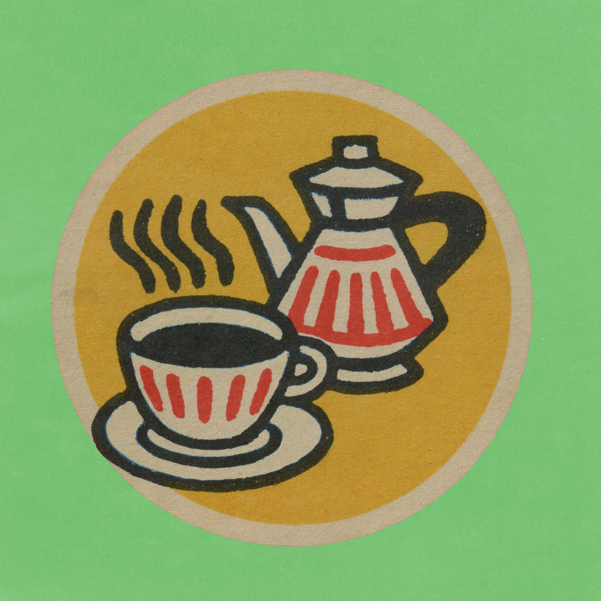 Color Magic latte art workshop illustration, a teapot and two cups of coffee on a gold circle