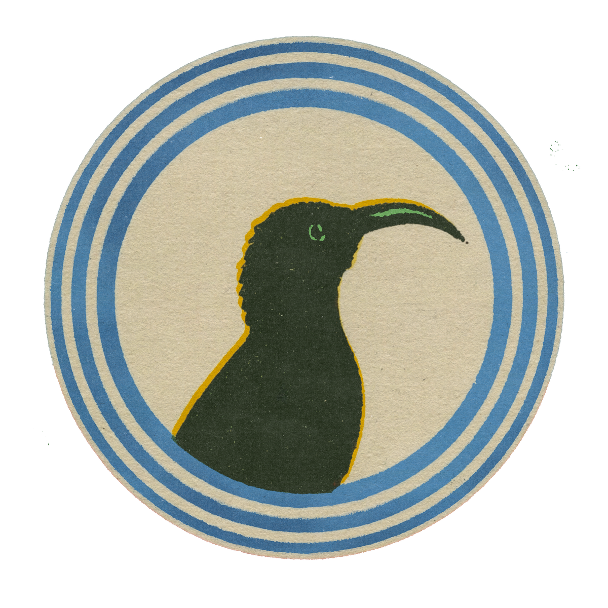 Illustrated badge of a dark bird on a cream ground