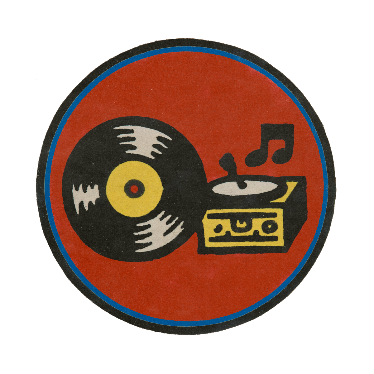 Illustrated badge of vinyl records and a turntable