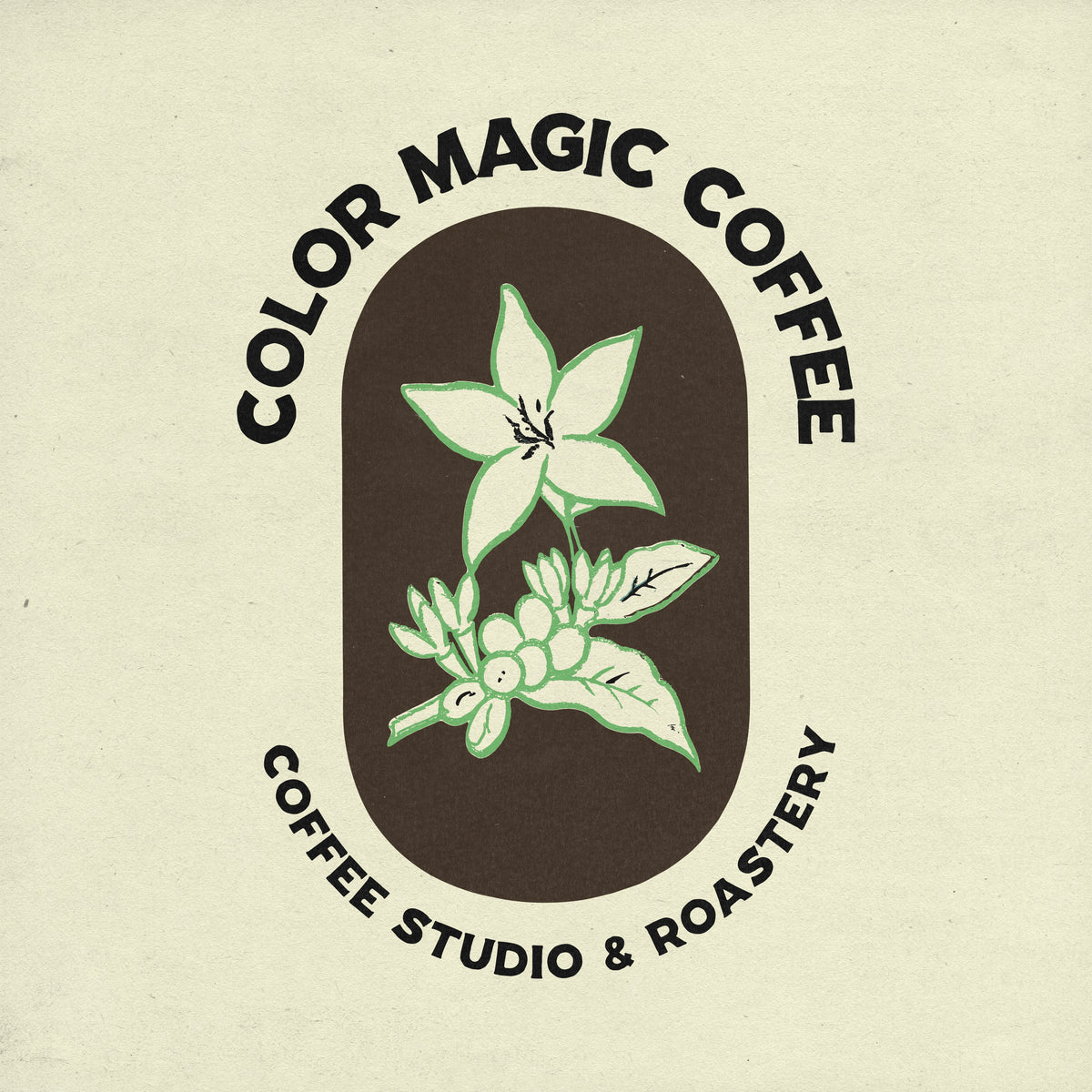 Color Magic Coffee label with a coffee plant illustration