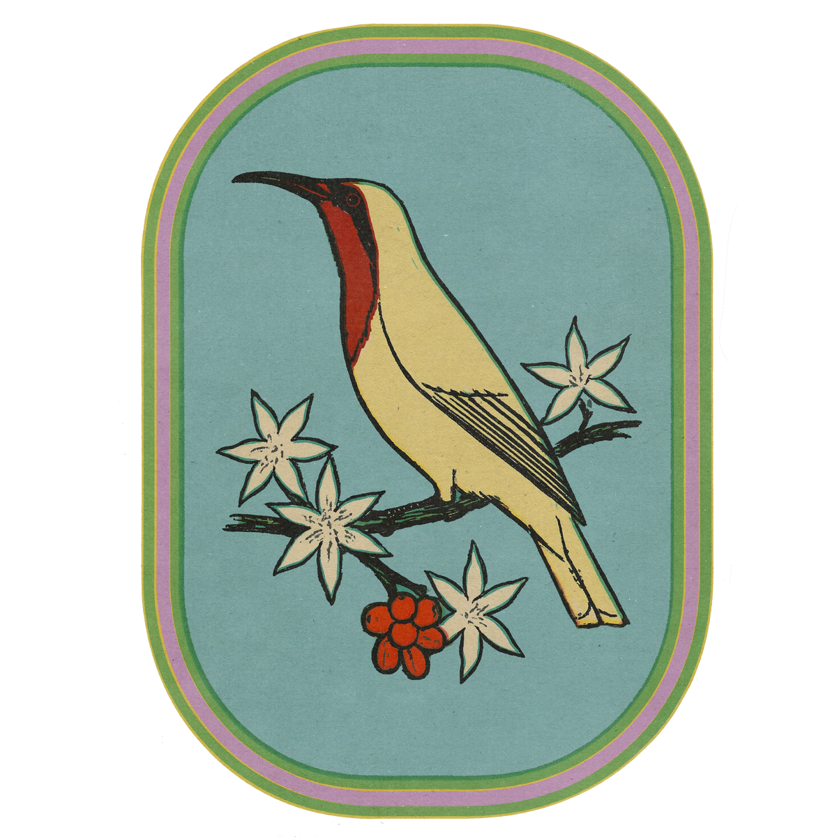 Illustrated badge of a bird among stars on a pale blue ground