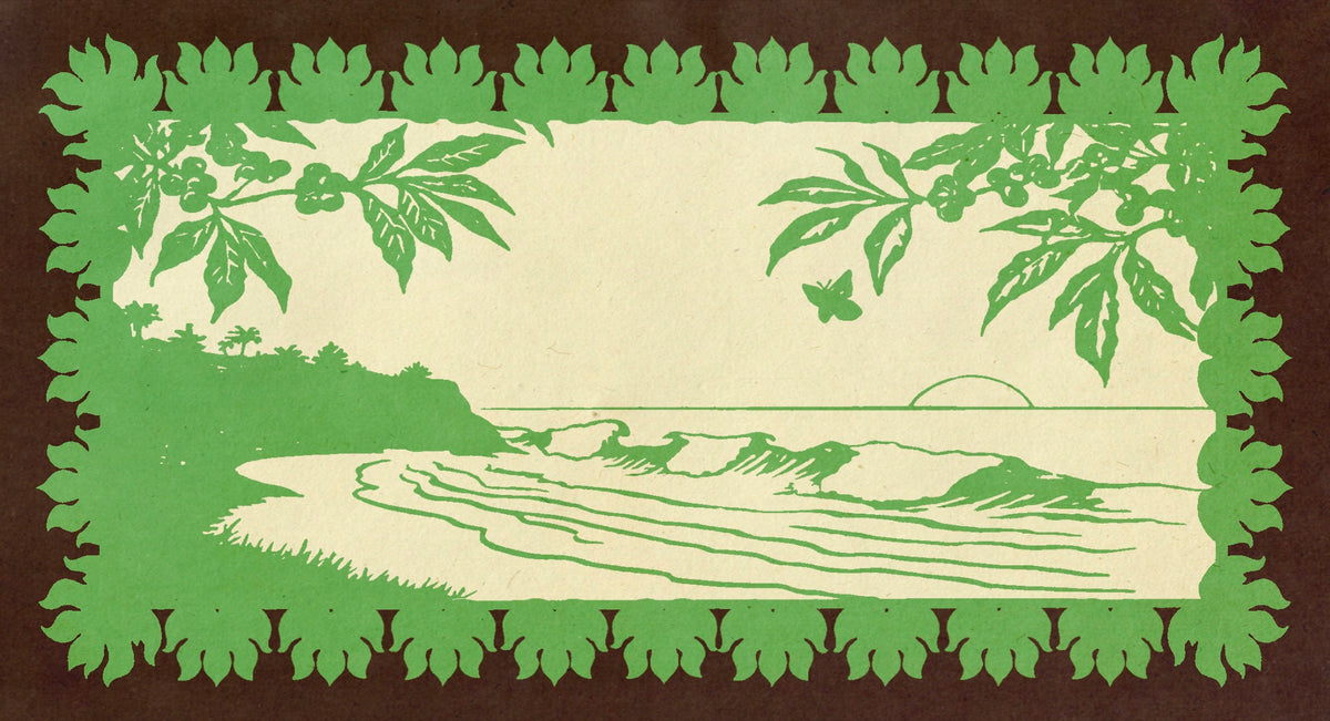 Illustrated landscape panel of a coffee farm