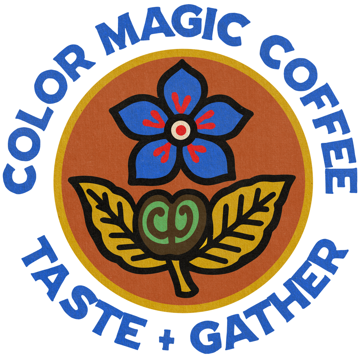 Color Magic Coffee Taste and Gather badge with a blue flower and coffee leaves