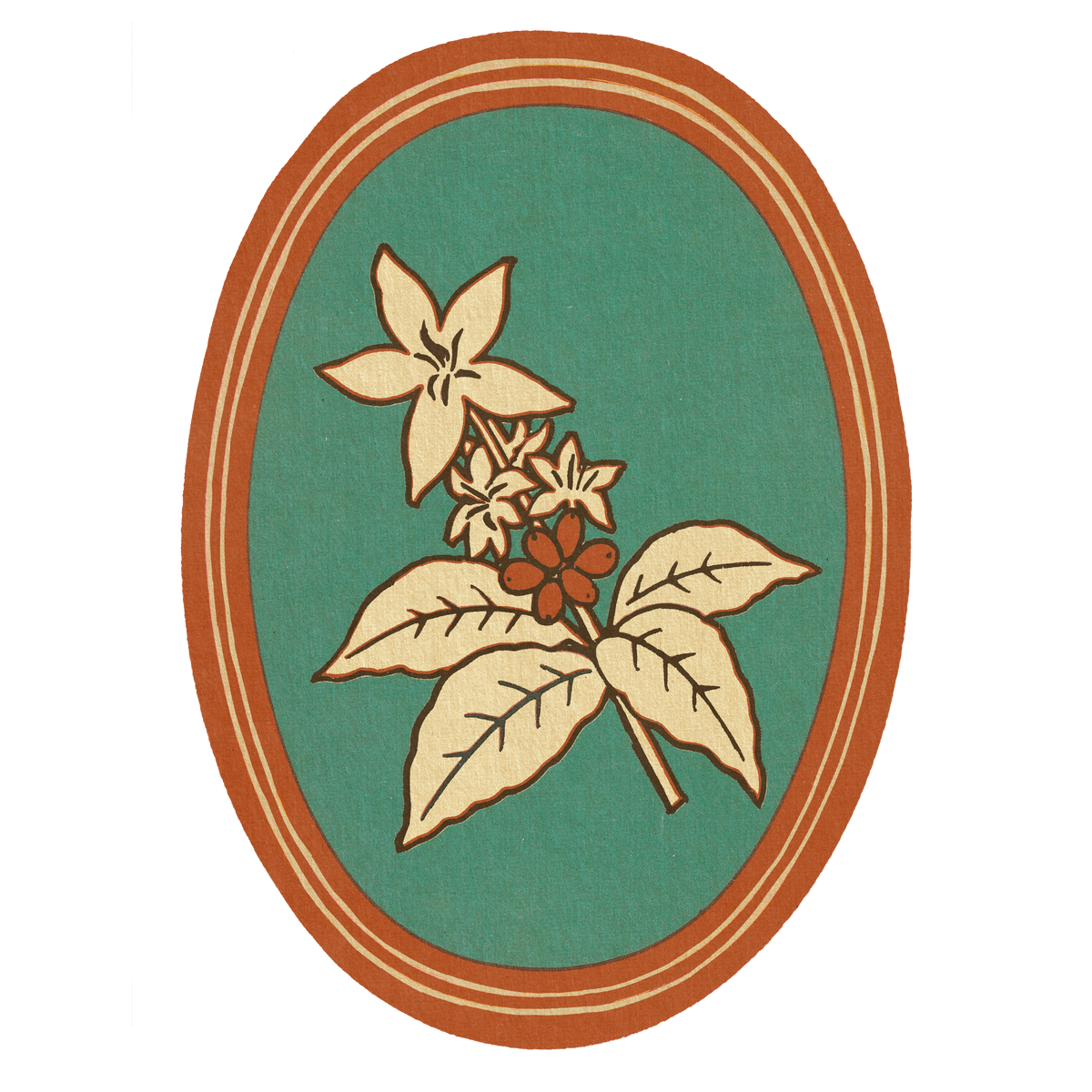 Illustrated badge of a coffee branch with cherries and blossom