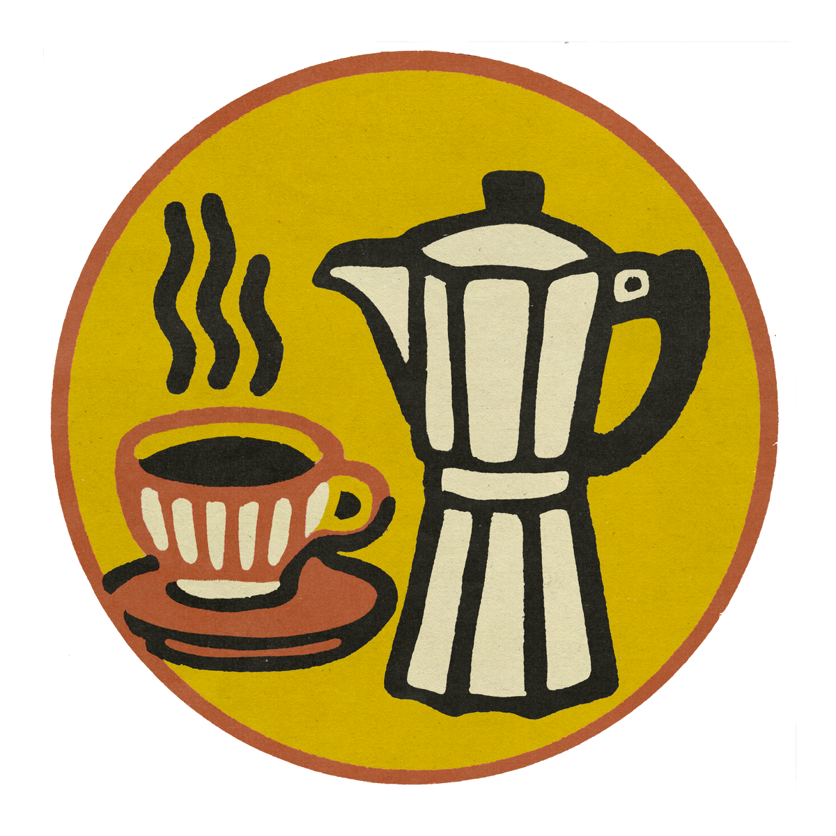 Illustrated badge of a coffee cup and moka pot on gold