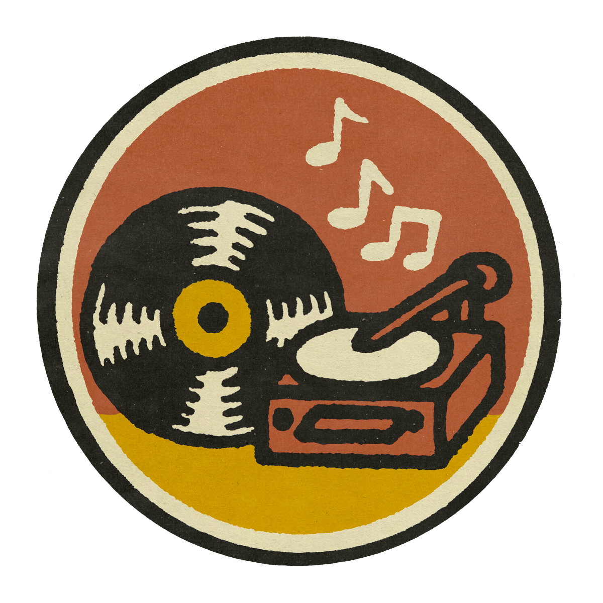 Illustrated badge of a record player and vinyl