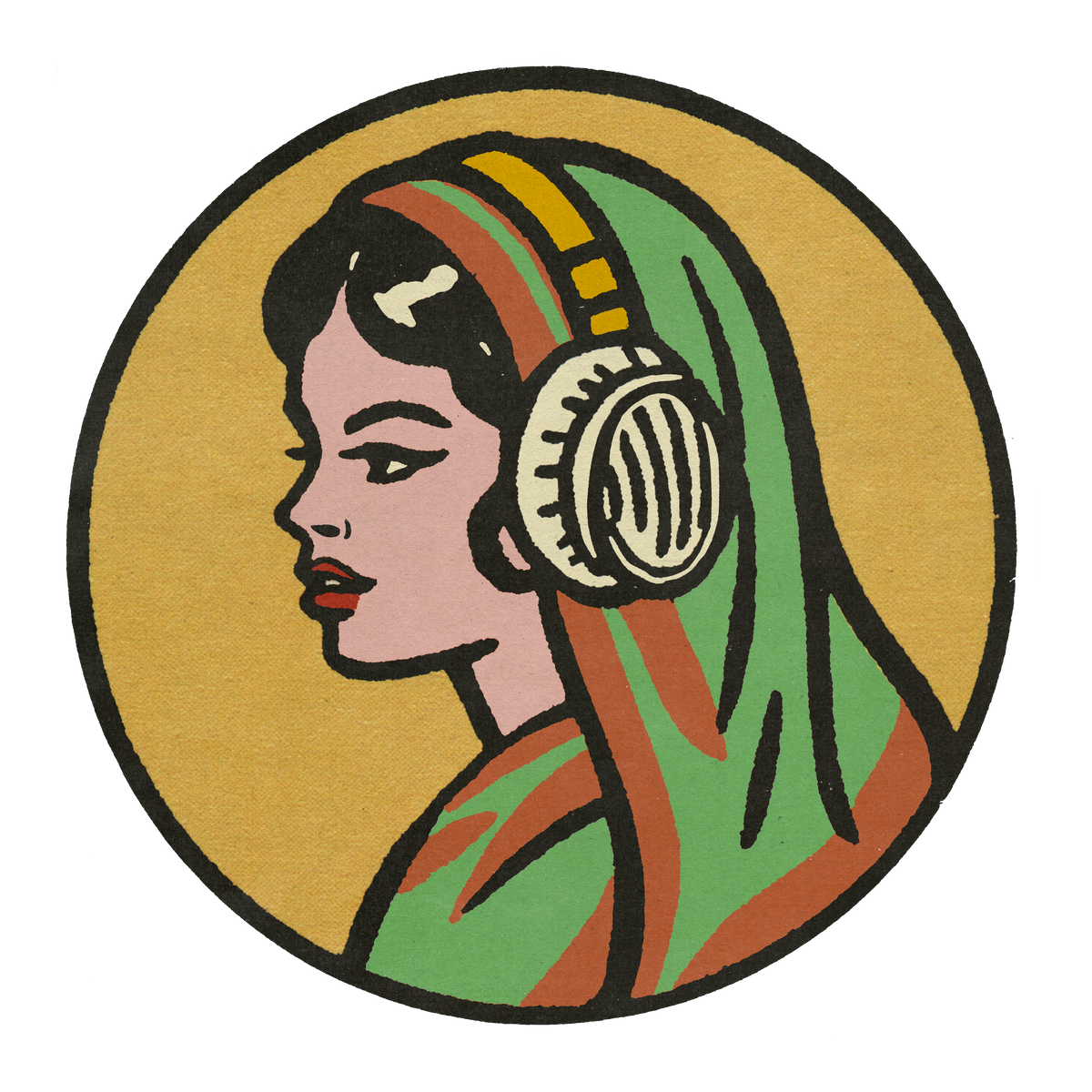 Illustrated badge of a woman wearing headphones