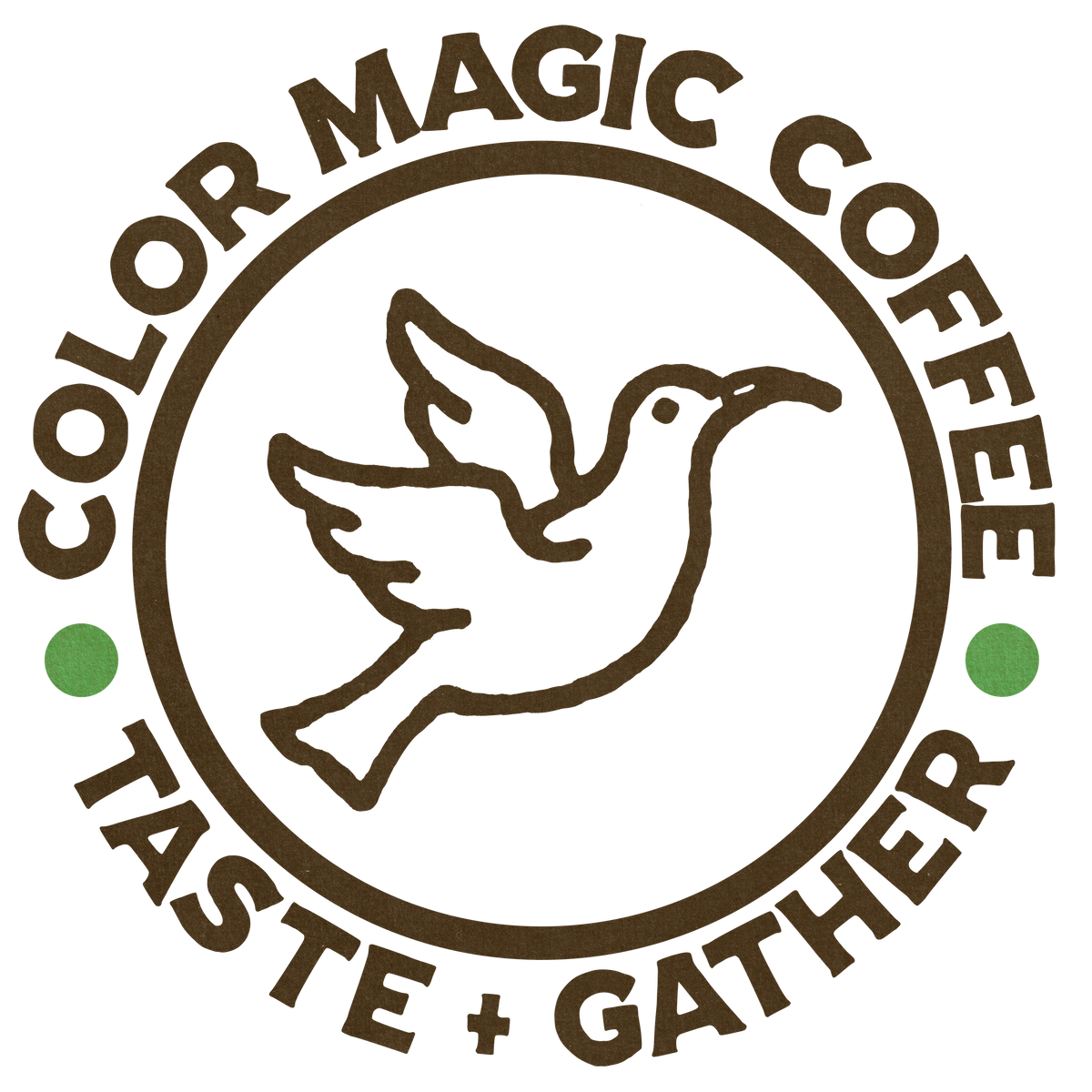 Color Magic Coffee dove emblem reading Taste and Gather