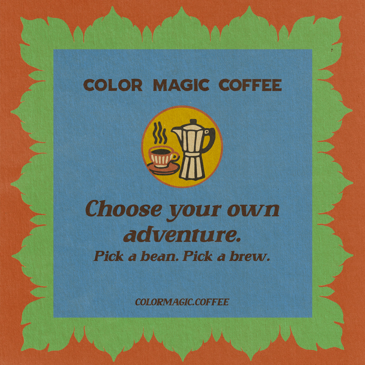 Color Magic Coffee gift card, choose your own adventure, pick a bean pick a brew