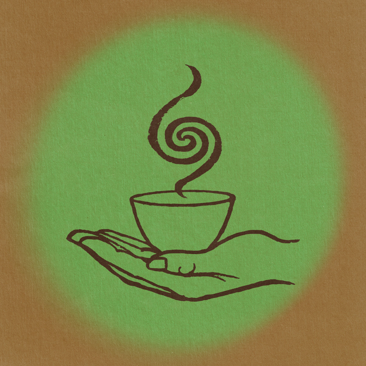 Color Magic studio visit illustration, a hand holding a steaming cup of coffee on a green circle