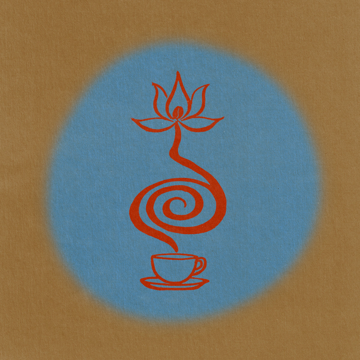 Color Magic Day and Night coffee subscription, a red lotus, spiral and coffee cup emblem on a blue circle