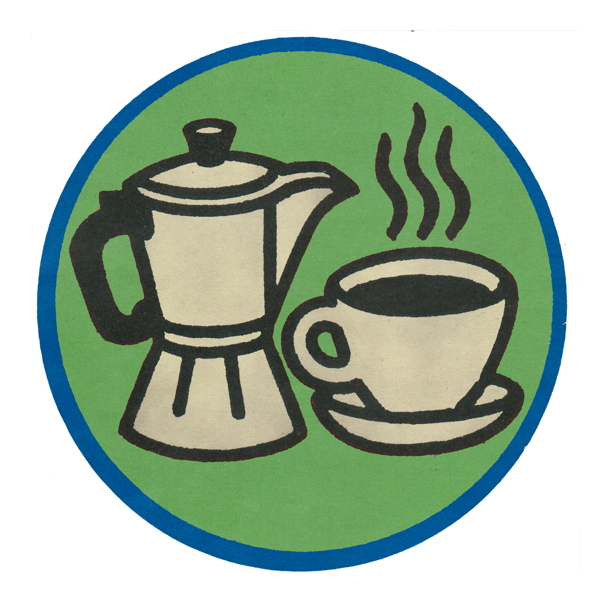 Illustrated badge of a moka pot and cup on green