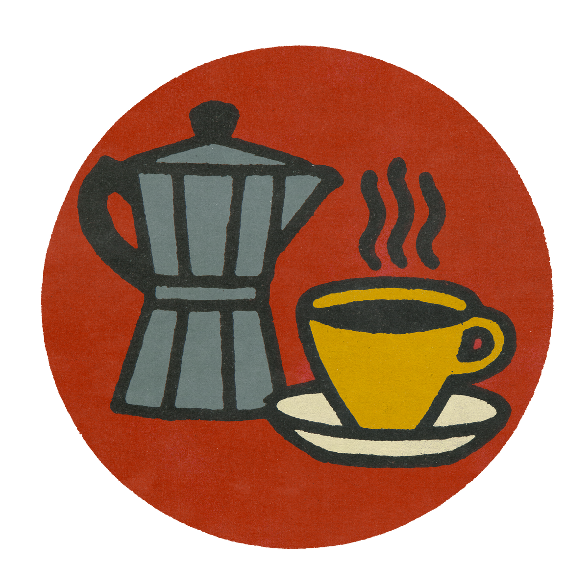 Illustrated badge of a moka pot beside a cup of coffee