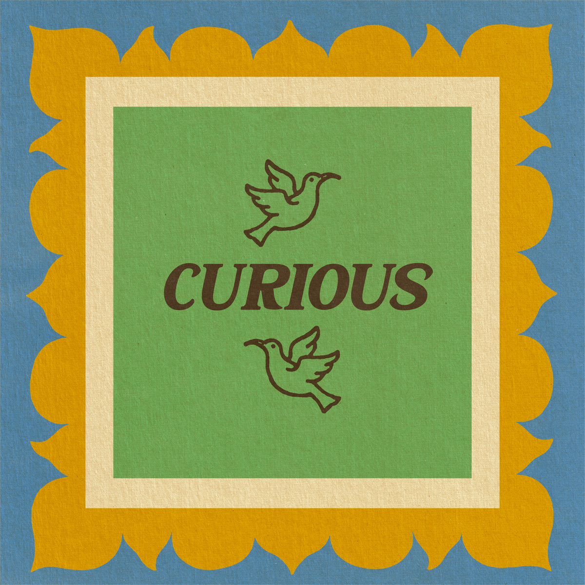Color Magic Curious coffee subscription, a dove emblem and the word Curious on a green card with a gold scalloped border