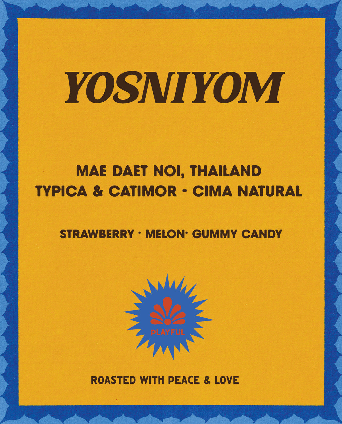 Thailand Yosniyom CIMA Natural coffee label from Color Magic, Mae Daet Noi Thailand, Typica and Catimor CIMA natural, strawberry melon and gummy candy, Playful badge